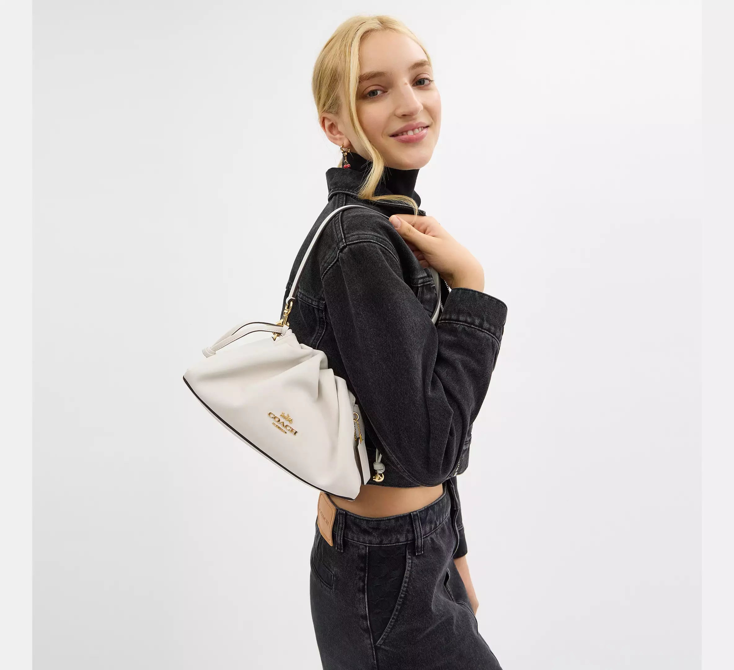 Faye Shoulder Bag With Ruching - Gold/Chalk