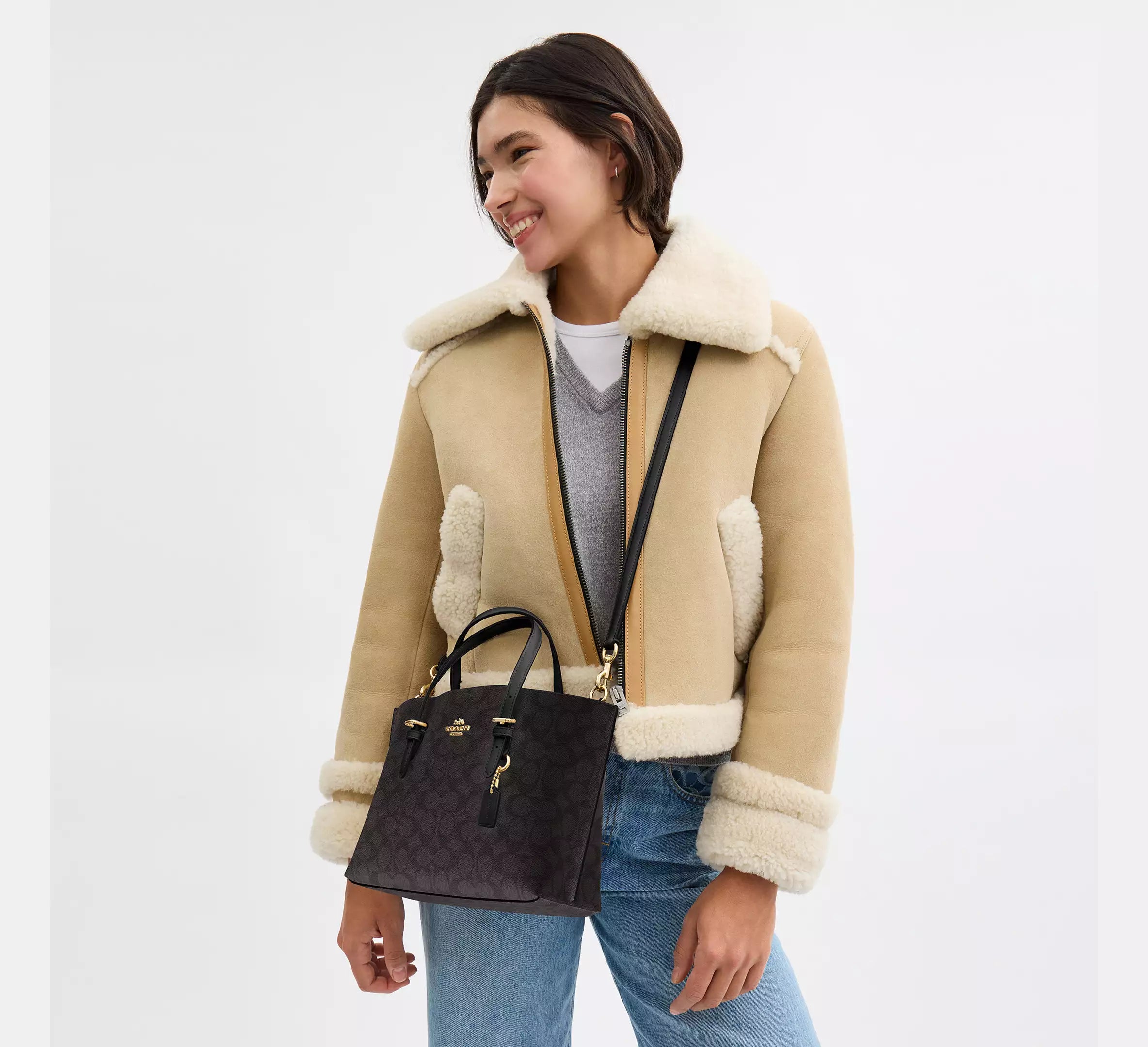 Mollie Tote Bag 25 In Signature Canvas -  Gold/Walnut/Black
