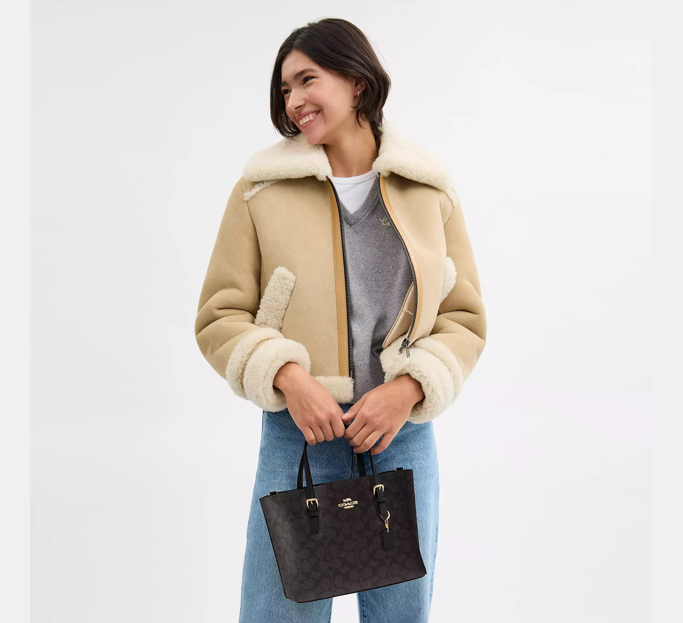 Mollie Tote Bag 25 In Signature Canvas -  Gold/Walnut/Black
