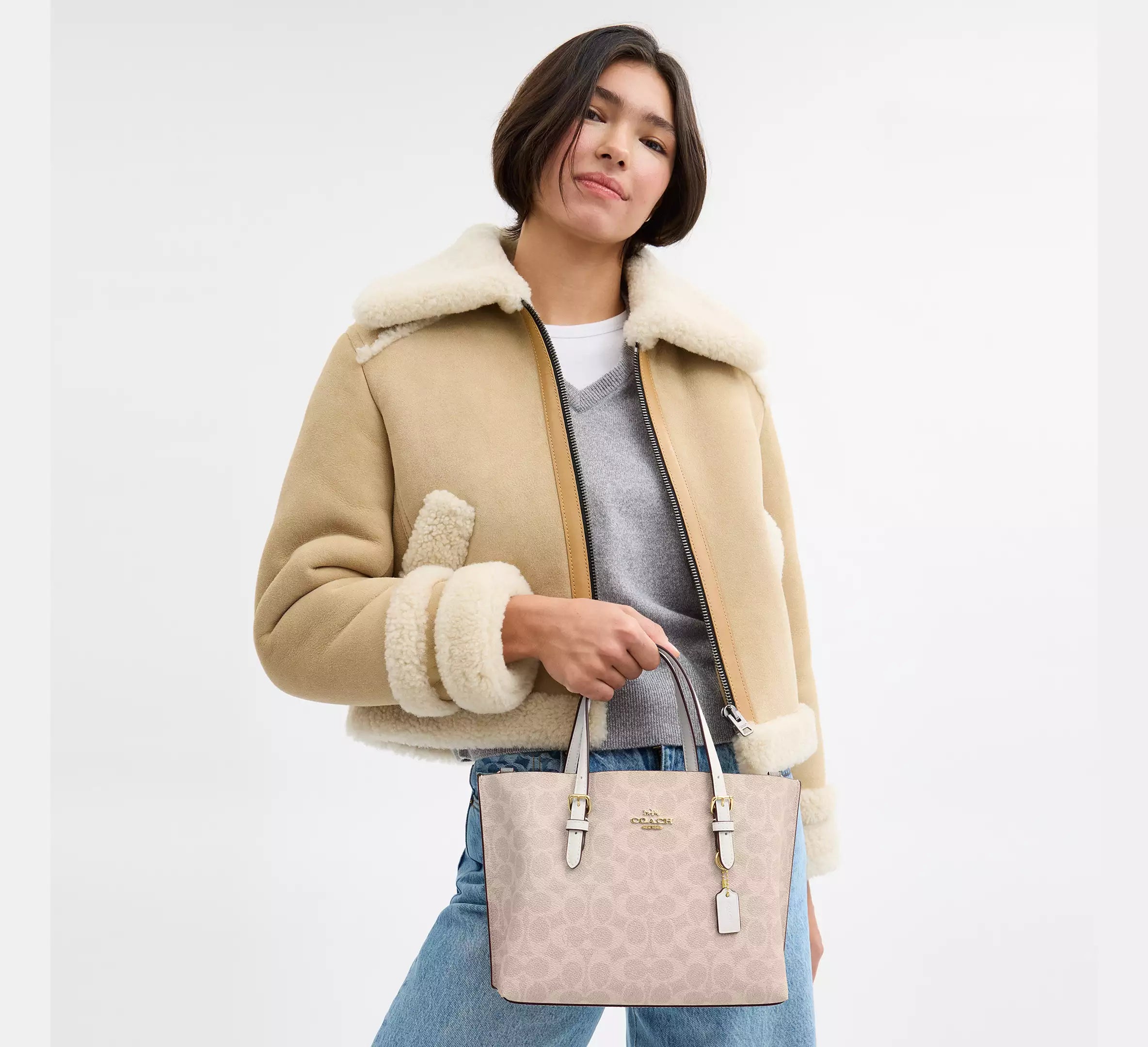 Mollie Tote Bag 25 In Signature Canvas -  Gold/Sand/Chalk